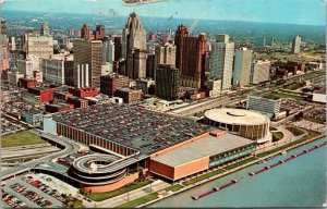 Vtg 1960s Aerial View Detroit's Civic Center and Skyline Michigan MI Postcard