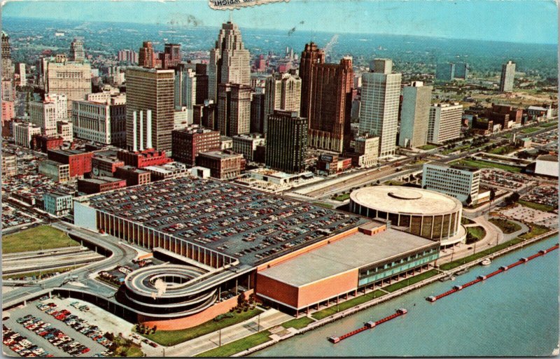 Vtg 1960s Aerial View Detroit's Civic Center and Skyline Michigan MI Postcard