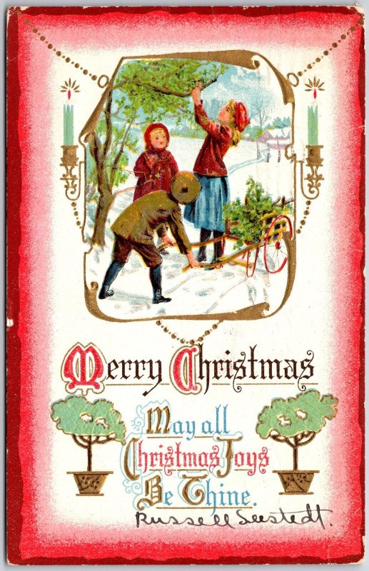 1911 Merry Christmas Children Picking Fruits Greetings Posted Postcard