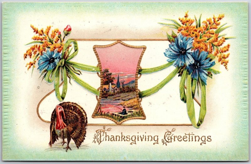 Thanksgiving Greetings Blue Flowers Turkey River House Wishes Postcard