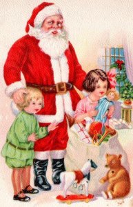 1910's-20's SANTA CLAUS CHILDREN BAG OF TOYS TEDDY BEAR TREE JOYS OF CHRISTMAS