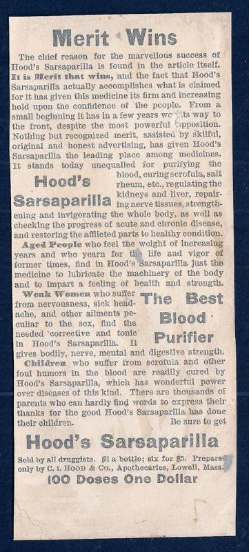 VICTORIAN TRADE CARD Hood's Sarsaparilla