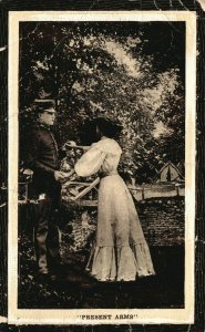 Vintage Postcard 1910 Present Arms Military Man Greeting Woman in White Dress