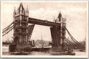 Tower Bridge With Bascules Raised Suspension Bridge London England Postcard