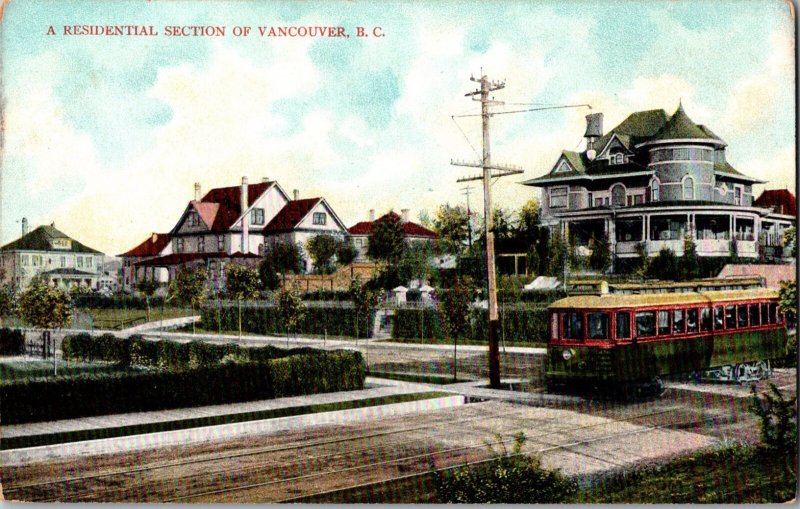 RESIDENTIAL SECTION OF VANCOUVER, BC Trolley Vintage Postcard JY4