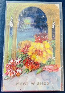 Antique 1900s German Gold Foil Postcard Amazing moon Floral Background