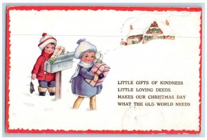 Christmas Postcard Children Dropping Gifts US Mail Winter Scene Astoria OR 1920