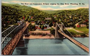 Wheeling West Virginia 1940s Postcard Steel And Suspension Bridges Ohio River