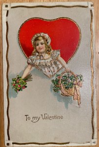 Vintage Victorian Postcard 1901-1910 To My Valentine - Girl & Big Red Heart