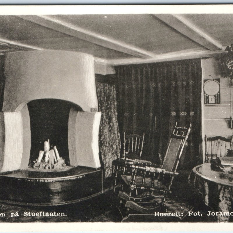 c1930s Stueflaaten, Norway RPPC Fireplace Rocking Chair Clock Oil Lamp Book A349