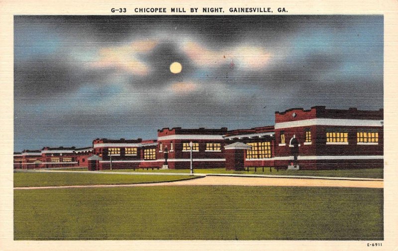 Gainesville, GA Georgia  CHICOPEE MILL  Night~Full Moon  ca1940's Linen Postcard