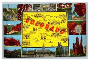 Vintage 1940's Postcard Greetings From Colorado - Giant Map Landscapes Buildings