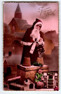 Santa Claus Hold Doll Christmas Postcard Old World France Gel Church Toys Noel