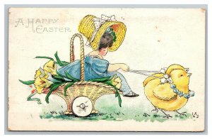 Vintage 1910 Easter Postcard Girl with Big Hat Towed by Giant Cute Chicks NICE