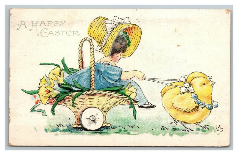 Vintage 1910 Easter Postcard Girl with Big Hat Towed by Giant Cute Chicks NICE