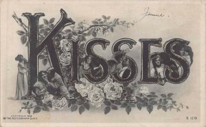 KISSES-VERY LARGE LETTER GLITTER 1906 ROTOGRAPH PHOTO ROMANCE POSTCARD