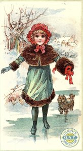 c1880 CLARK'S SPOOL COTTON O.N.T.  ICE SKATER DOG VICTORIAN TRADE CARD Z1360