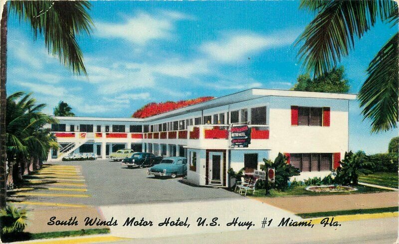 Autos Miami Florida South Winds Motor Hotel 1950s Postcard Colorpicture 20-7084