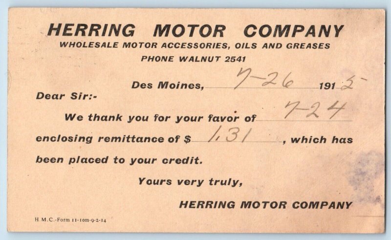 Des Moines Iowa IA Postcard Herring Motor Company Home Accessories c1912 Vintage