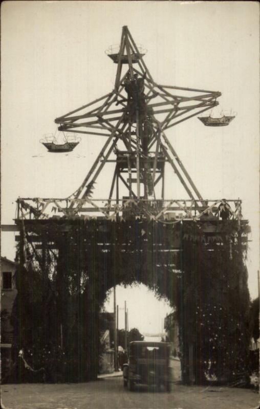 Amusement Park Ride & Entrance Arch WHERE? c1920s French Real Photo Postcard 