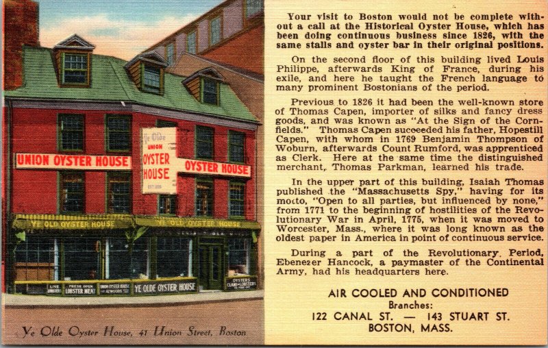 Vtg 1930s Ye Olde Oyster House Boston Massachusetts MA Linen Postcard