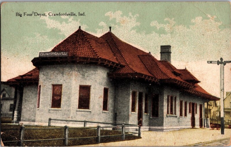 Big Four Depot, Crawfordsville IN c1914 Vintage Postcard N47