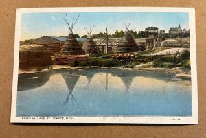 1937 USED .01 POSTCARD -  INDIAN VILLAGE, ST. IGNACE, MICHIGAN - BACK  IS FLAWED
