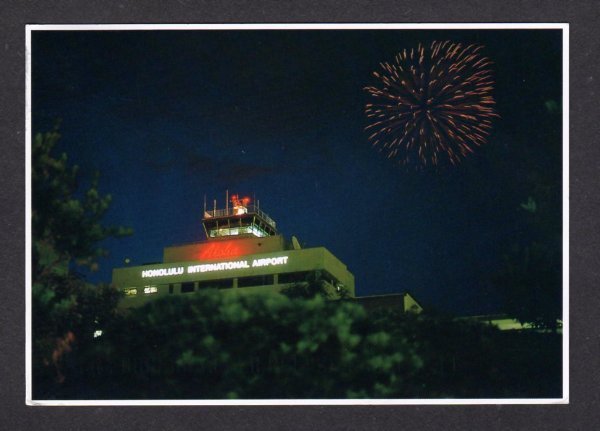 HAWAII Honolulu International Airport Postcard Fireworks HI Night View