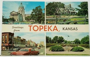 KS GREETINGS from TOPEKA Kansas Pane Banner View Awesome Cars Postcard I11