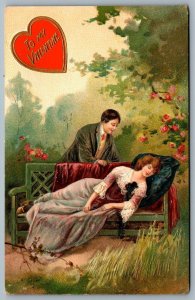 Postcard c1910 To My Valentine Pretty Lade Sleeping On Bench Embossed