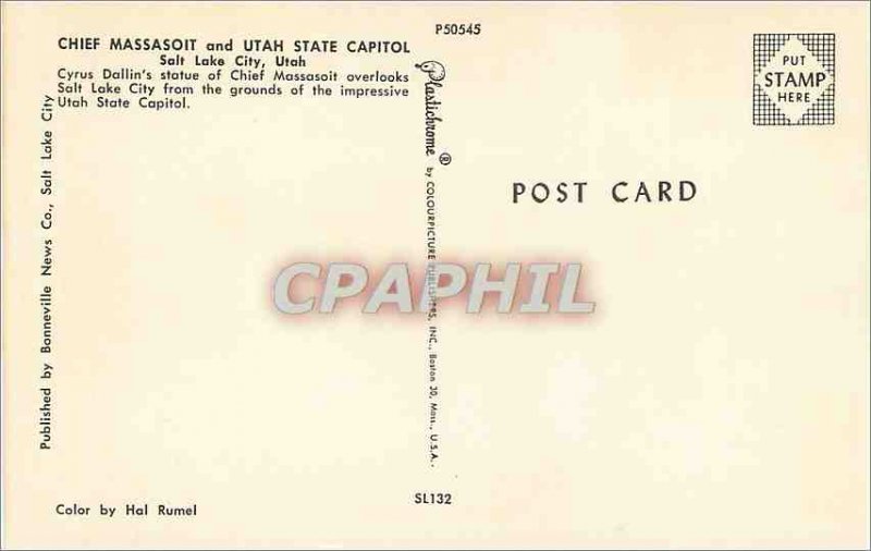 'Modern Postcard Chief Massasoit ant Utah State Capitol in Salt Lake City Uta...