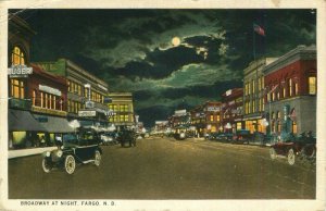 1926 Broadway at Night Fargo North Dakota Vintage Postcard