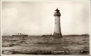 New Brighton England ENG Lighthouse and Steamship Real Photo Vintage Postcard