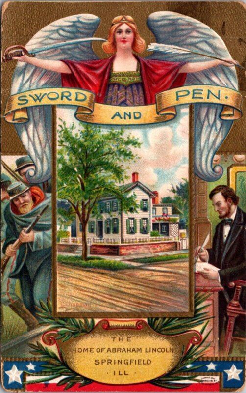 Artwork Postcard Sword and Pen Home of Abraham Lincoln Springfield, Illinois