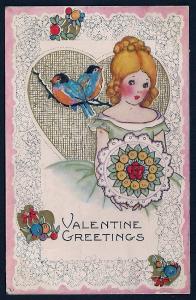 Valentine Greetings Pretty Girl & Robins used c1928