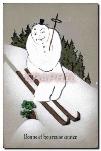 Old Postcard Fantasy Snowman Skiing Child