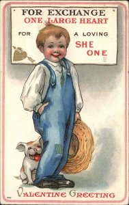 Valentine Cute Little Boy in Overalls with Bulldog Bull Dog c1910 Postcard