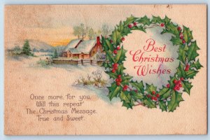 Mead Nebraska NE Postcard Christmas Holly Berries Wreath Winter Scene 1922