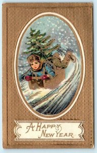 A HAPPY NEW YEAR Beautiful Gold Embossed with CHILD, SLEIGH 1911  Postcard