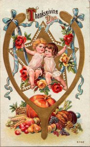 Children with Wish Bone, Thanksgiving Day Embossed c1911 Vintage Postcard N69