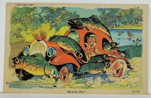 Fishing Scene Retro Car I Got The Limit in Blain Pennsylvania Linen Postcard M19