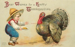 Thanksgiving Best Wishes, Little boy trying to feed a turkey, International Art