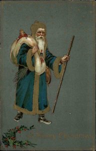 Christmas - Santa Claus Blue Coat & Walking Stick 5000/5007 c1910 Postcard