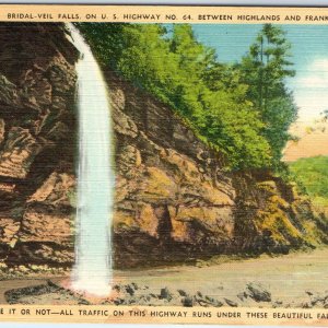 c1940s Highlands Franklin, NC Road Under Bridal Veil Falls Hwy 64 Linen PC A287