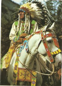 Canadian Indian Chief on horse Nice Canadian photo PC 1970s. Size 15 x 10 cms