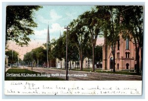 1906 Cortland NY, Church St. Looking North From Port Watson Street Postcard