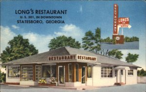 Statesboro Georgia GA Long's Restaurant Linen Vintage Postcard