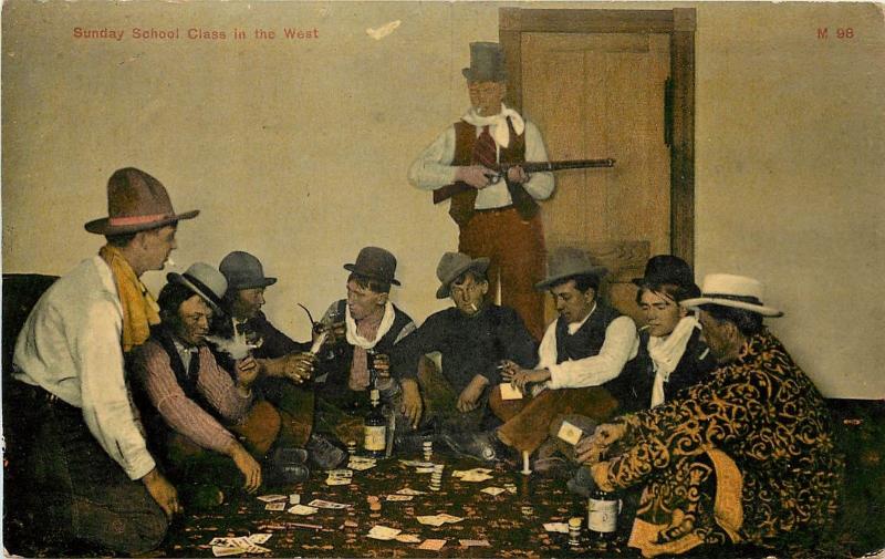 c1907 Postcard Western Sunday School Class Cowboys Booze Smoking Cards 