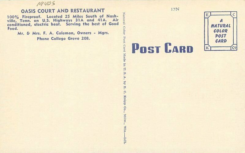 Entrance 1940s Oasis Court Restaurant roadside linen Kropp Postcard 21-722