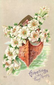 Vintage Postcard 1914 Greetings And Happy Thoughts White Petals Souvenir Card